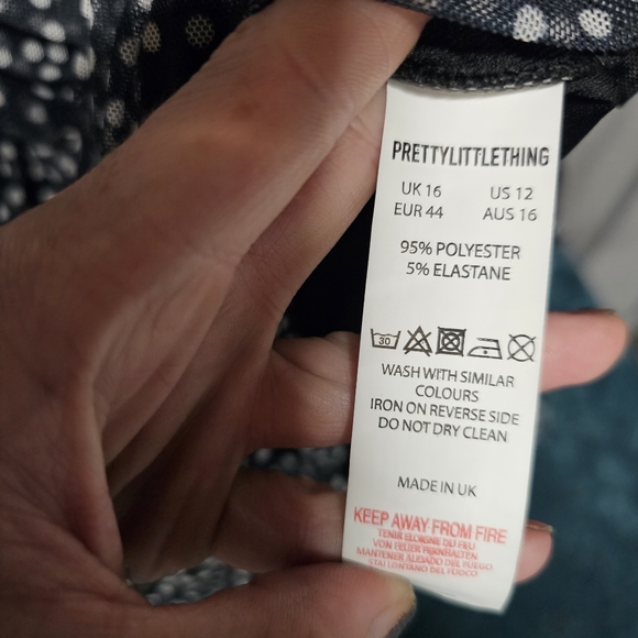 🆕 PRETTYLITTLETHING | Black Polka Dot Mesh Ruched Frill Hem Dress size 12 - Picture 9 of 11